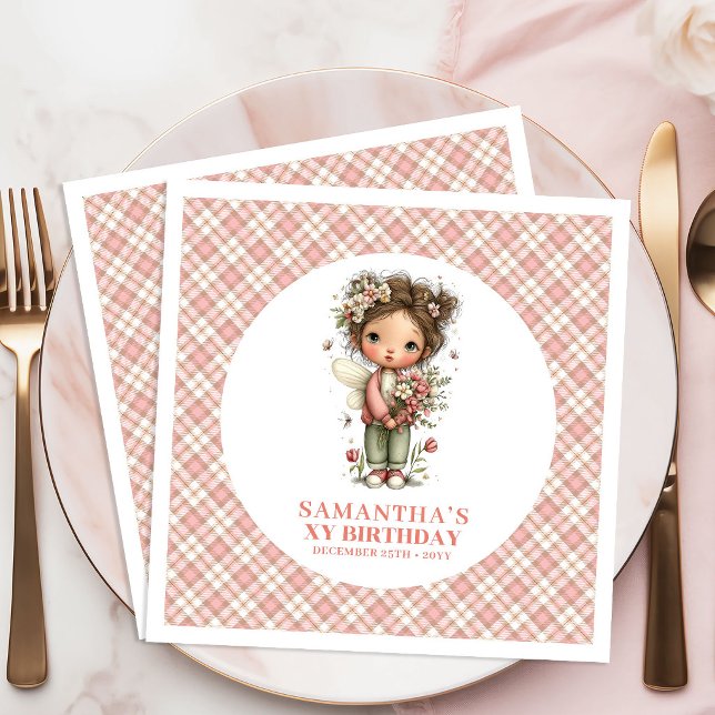 Söt Pastell Rosa Äng Blommig 1-års Födelsedags Ser Pappersservett (Cute Pastel Fairy Floral 1st Birthday Party Napkins)
