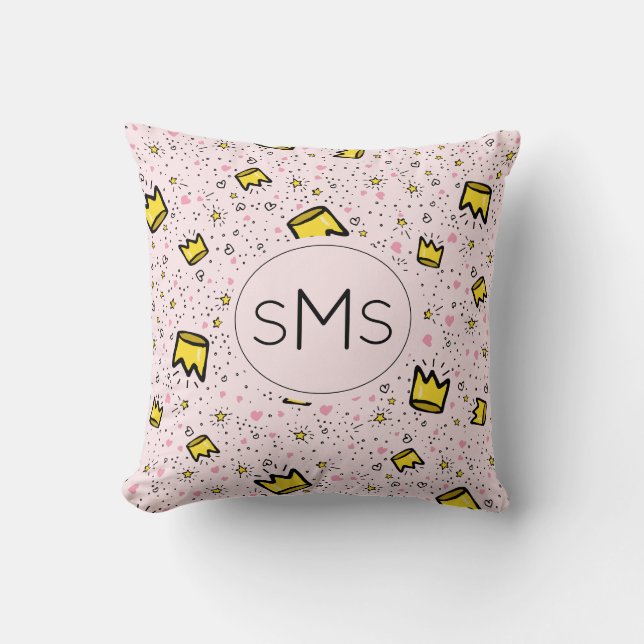 Söt Pastell Rosa Kron Dottersmönster Monogram Kudde (Framsida)