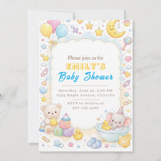 Söt Pastell Teddybjörn & Elefant Baby Shower Inbjudningar