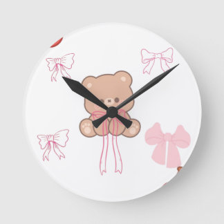 Söt Pastell Teddybjörn Rosa Rosett Drömsk Estetik Rund Klocka
