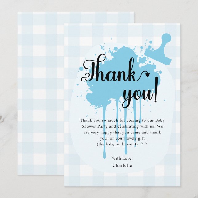 Söt Pastellblå Gingham Baby Shower Tack Kort (Fram/baksida)
