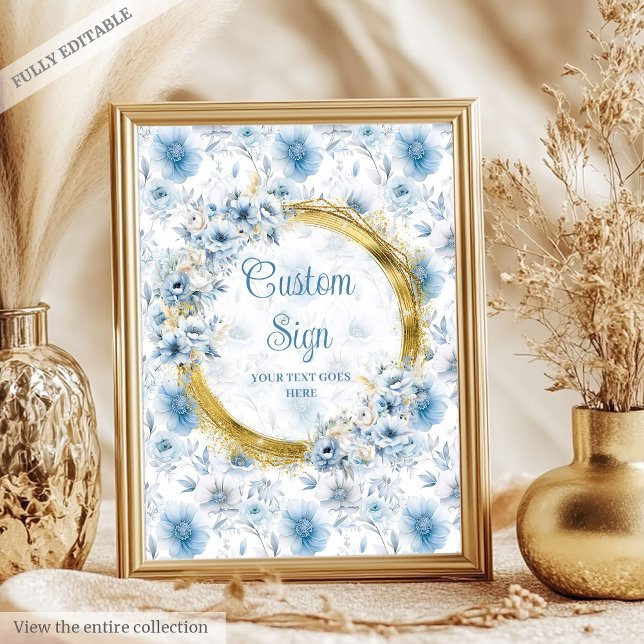 Söt pastellblå vattenfärgblommor guld anpassningsb poster (Pretty pastel blue watercolor flowers gold custom Poster)