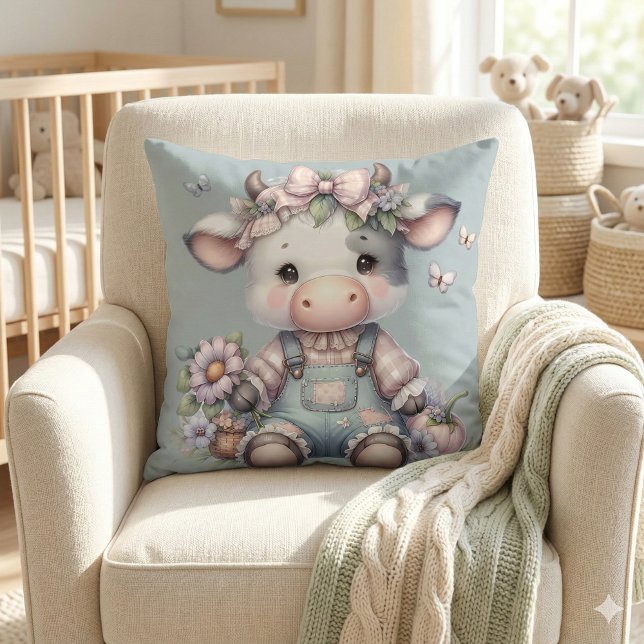 Söt Pastellfärgad Bebis Ko i Overall med Blommor Kudde (Cute Pastel Baby Cow in Overalls with Flowers Throw Pillow Mockup A)