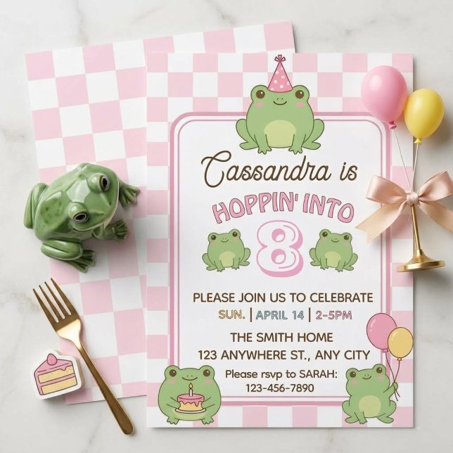 Söt Pastellfärgad Groda Flicka 8-årsdag Inbjudningar (Skapare uppladdad)