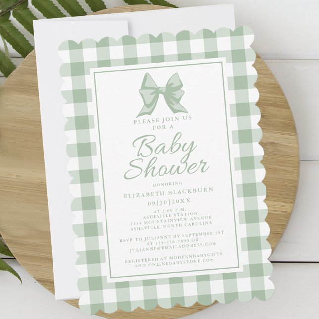 Söt pastellgrön och vit gingham-ruta med rosettban inbjudningar (Cute Bow Pastel Green White Gingham Check Pattern Invitation)
