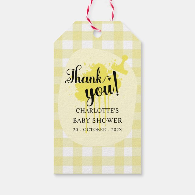 Söt pastellgul Gingham-babyshower Presentetikett (Baksidan)