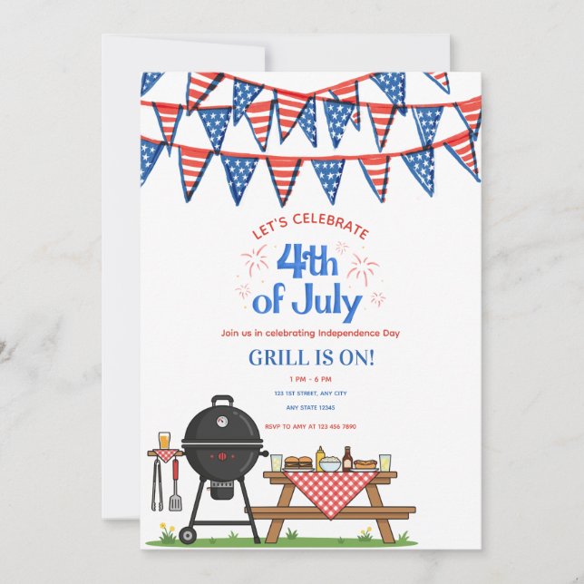 Söt patriotisk 4 juli BBQ-fest inbjudan (Framsida)