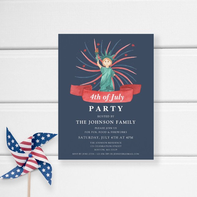 Söt patriotisk röd vit och blå 4:e juli inbjudan vykort (Patriotic Statue Of Liberty Blue 4th Of July Party Invitation Postcard
)