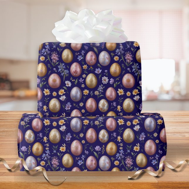 Söt Patterned Springtime Colorful Påskägg Presentpapper (Gift wrapping paper with a pattern of colorful Easter eggs on a purple background)