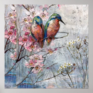 Söt Pawarde Blue Birds and Flowers Faux Poster