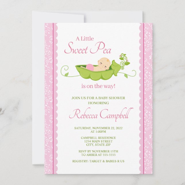 Söt Pea Baby Shower-inbjudan, Rosa för flickor Inbjudningar (Framsida)