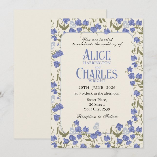 Söt Pea Blommigt Blue- och Cream-inbjudan Inbjudningar (Fram/baksida)