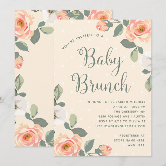 Söt Peach Blommigt | Baby Brunch Inbjudningar (Fram/baksida)