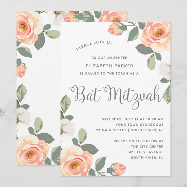 Söt Peach-Blommigt| Bat mitzvah Inbjudningar (Fram/baksida)
