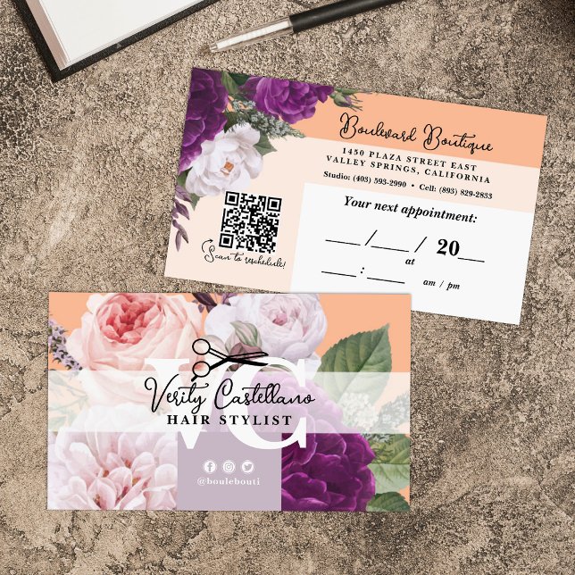Söt Peach Blommigt Hair Stylist Möte QR Visitkort (Skapare uppladdad)