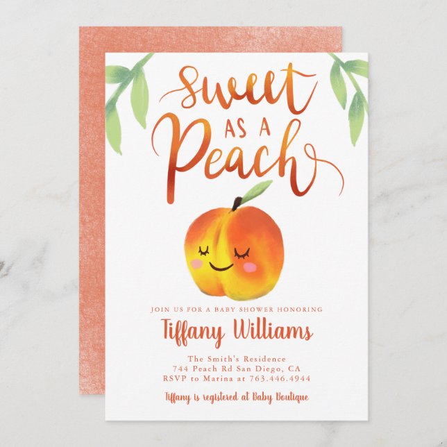 Söt Peach Girl Baby Shower Inbjudningar (Fram/baksida)