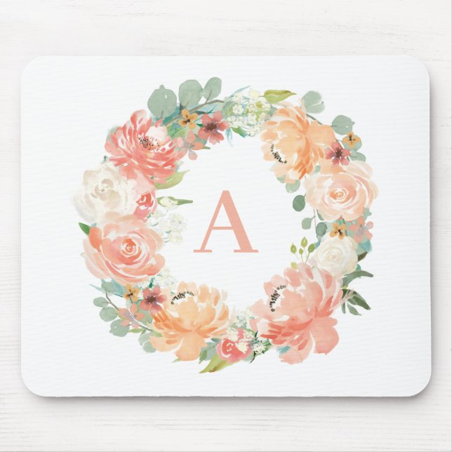 Söt Peach Peonies Eucalyptus Utandning Monogram Musmatta (Framsidan)