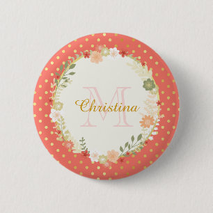 Söt Peach Polka Dot Blommigt Namn och Monogram Knapp