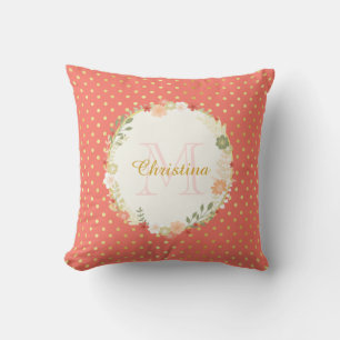 Söt Peach Polka Dot Blommigt Namn och Monogram Kudde