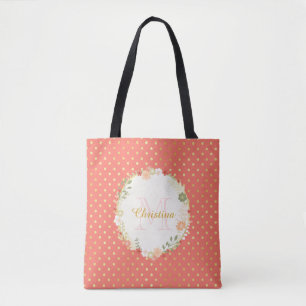 Söt Peach Polka Dot Blommigt Namn och Monogram Tygkasse