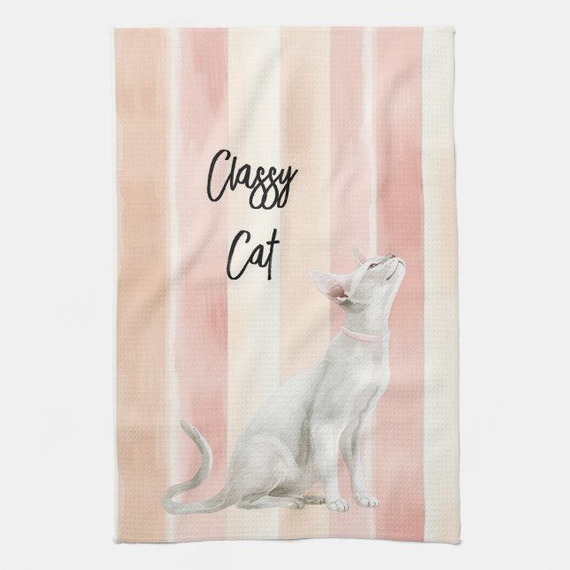 Söt Peach Rosa Cream Rand Cat Kökshandduk (Vertikal)