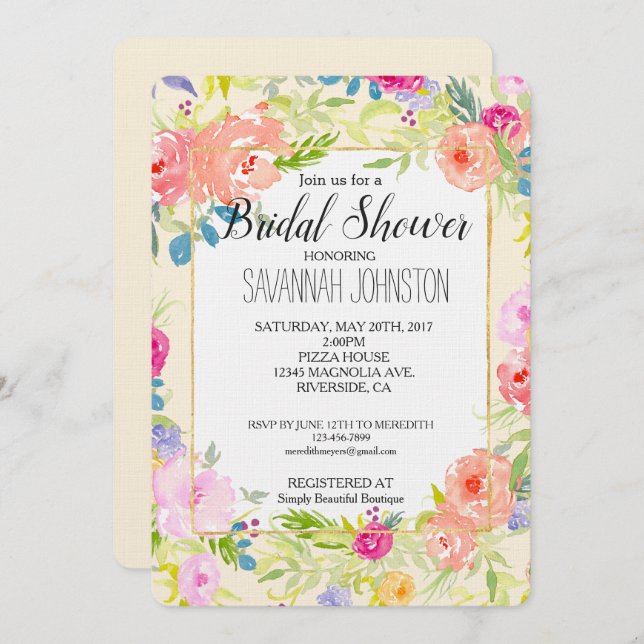 Söt Peach Rosa Watercolor Blommigt Möhippa Inbjudningar (Fram/baksida)