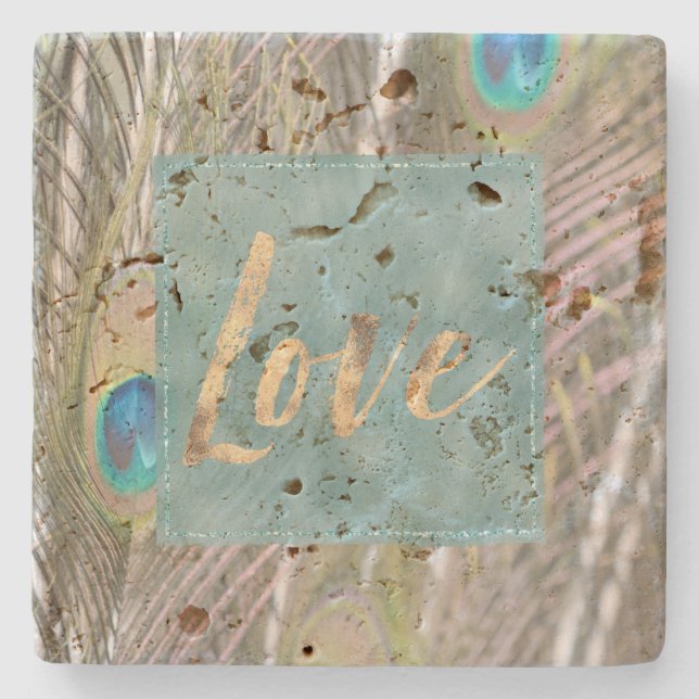 Söt Peacock Feathers Guld Kärlek Stenunderlägg (Framsidan)