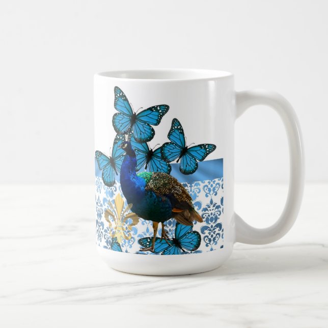 Söt Peacock och blå fjärilar Kaffemugg (Höger)