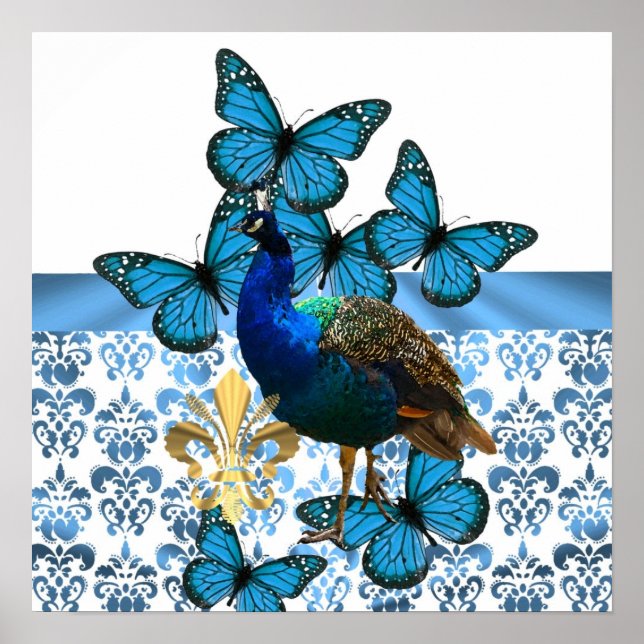 Söt Peacock och blå fjärilar Poster (Framsidan)