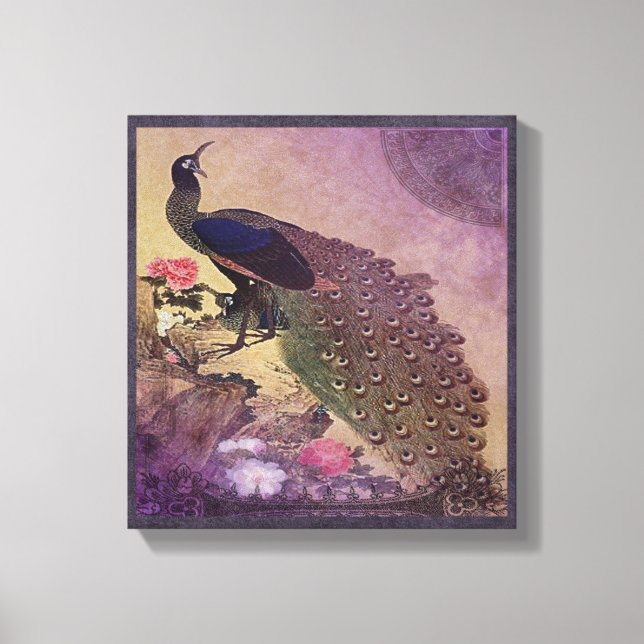 Söt Peacock och Peonies i Lila Canvastryck (Framsida)