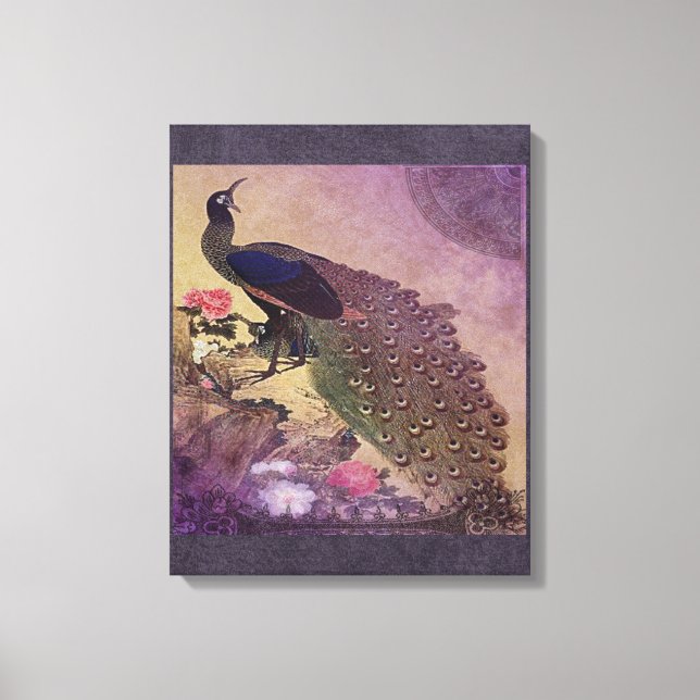 Söt Peacock och Peonies i Lila Canvastryck (Framsida)