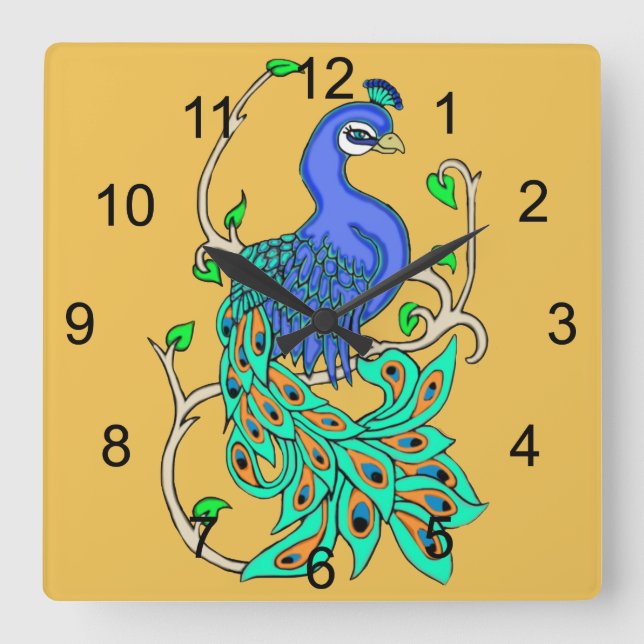 Söt Peacock Square Wall Clock Fyrkantig Klocka (Framsida)