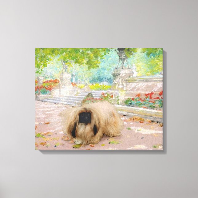 Söt Pekingeser i blomsterarrangemang Canvastryck (Framsida)