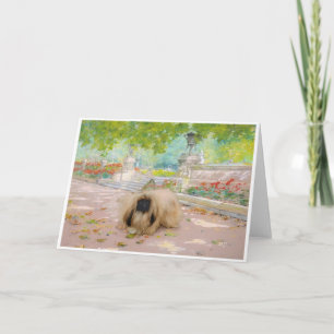 Söt pekingeser i blomsterarrangemang kort