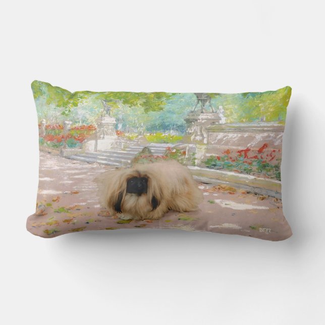 Söt pekingeser i blomsterarrangemang lumbarkudde (Framsida)