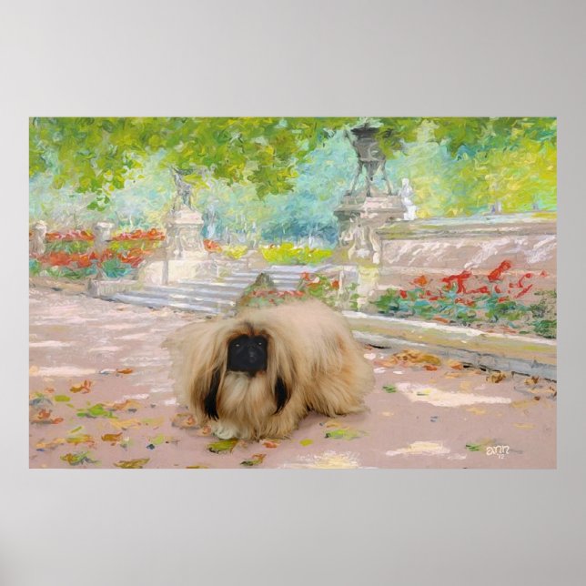 Söt Pekingeser i blomsterarrangemang Poster (Framsidan)
