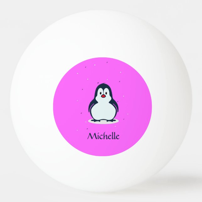 Söt penguin med eget namn på rosa pingisboll (Framsidan)