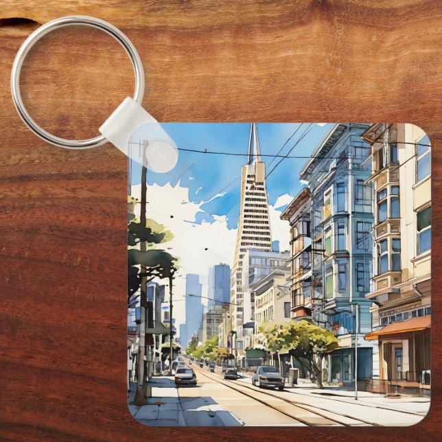 Söt penna och bläck sketch av San Francisco Nyckelring (Framsida)