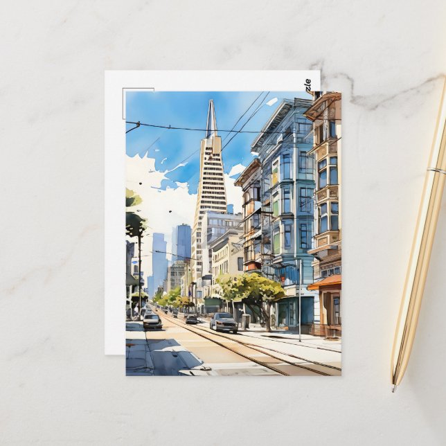 Söt penna och bläck sketch av San Francisco Vykort (Fram/Back In Situ)