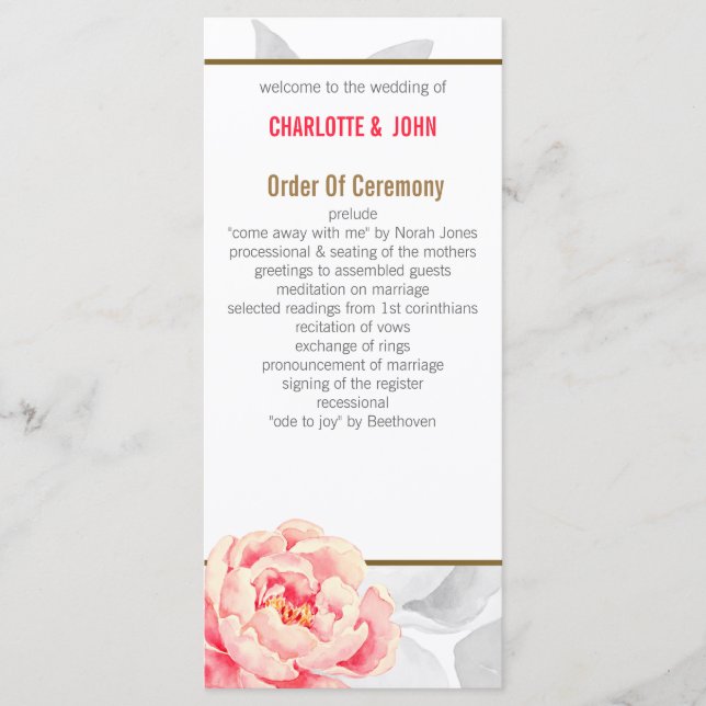 Söt Peonies Modern Blommigt bröllopsprogram Program (Framsida)