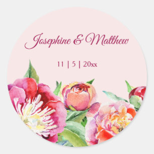 Söt Peonies Watercolor Blommigt Wedding Stickers Runt Klistermärke