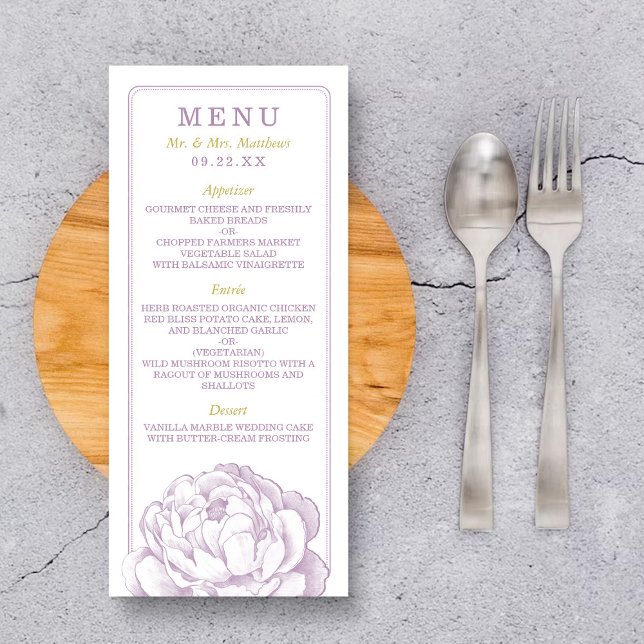 Söt Peony Blommigt Bröllop Collection - Menu Reklamkort (Skapare uppladdad)