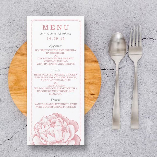 Söt Peony Blommigt Bröllop Collection - Menu Reklamkort (Skapare uppladdad)