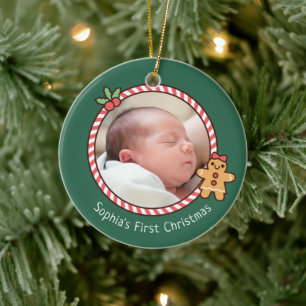Söt Pepparkakflicka Baby Första Julen Foto Julgransprydnad Keramik