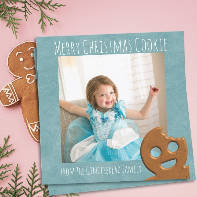 Söt Pepparkaksgubbe God Jul Semesterkort Julkort (Upload your cute cookie and add your family name to this teal holiday card)