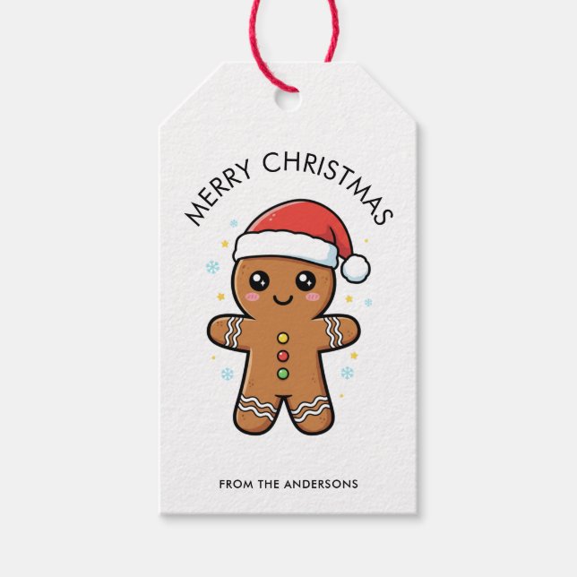 Söt pepparkaksgubbe med jultomtehatt jul presentetikett (Framsidan)