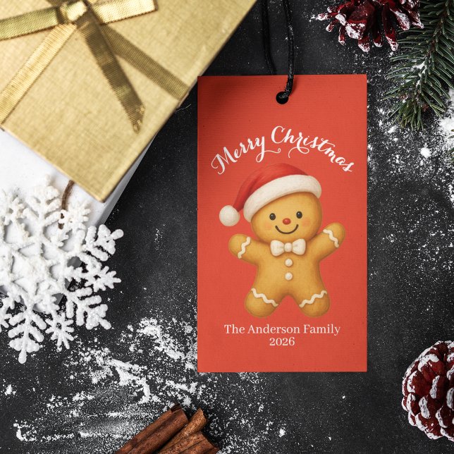 Söt pepparkaksgubbe med jultomtehatt -  presentetikett (Skapare uppladdad)