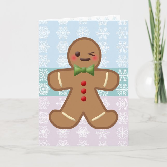 Söt pepparkaksgubbe & snöflingor helgkort (Framsida)