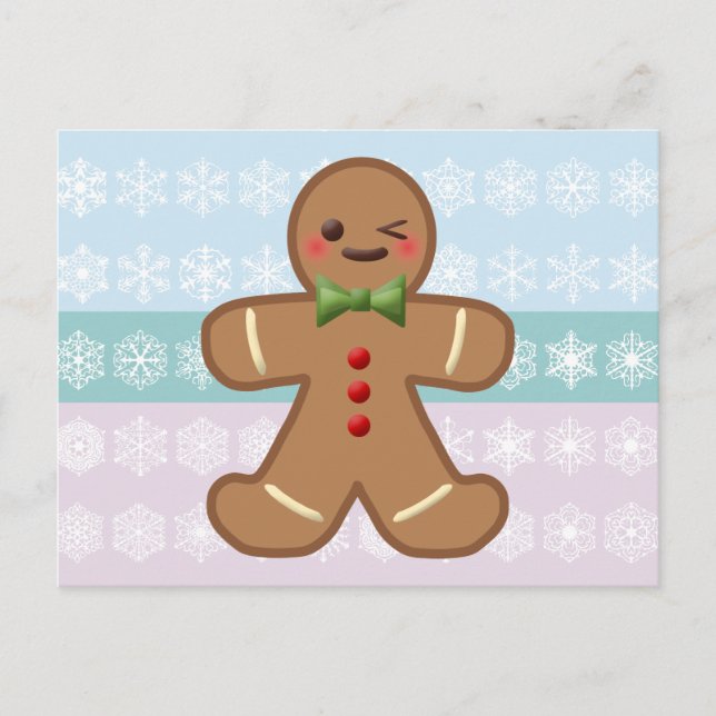 Söt pepparkaksgubbe & snöflingor vykort (Framsida)