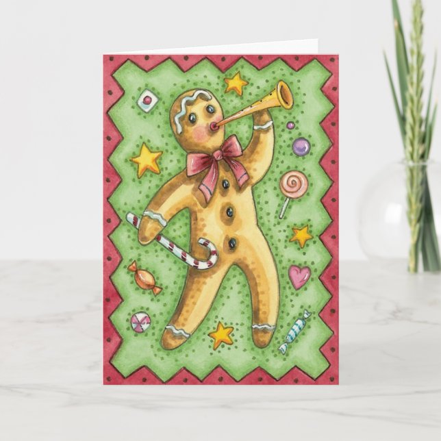 Söt pepparkaksgubbe som blåser i horn, julgodis helgkort (Framsida)